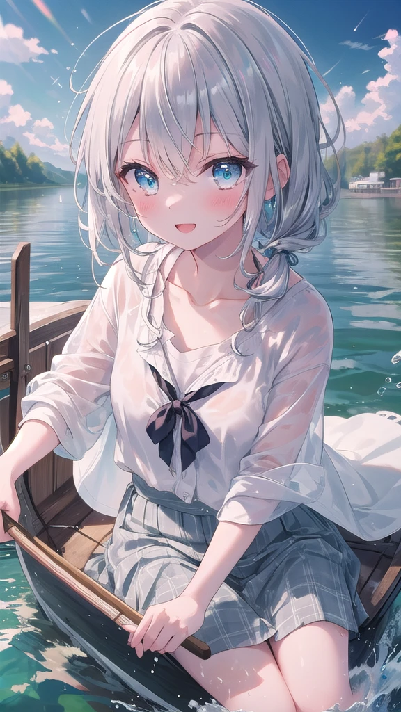 (8k, best quality, master piece: 1.2),super high resolution,1 girl, 独奏, colorshift eyes, hyperdetailed, expressive eyes, ultra-detailed face, Date Clothes、Random hairstyle、silver gay hair, Rowing boat、lake、sunshine, Collarbone, Ecstatic expression,Sparkling、Splash