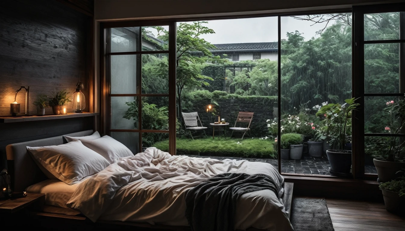 The picture shows a cozy gloomy bedroom, with a large window offering a view of a beautiful, dimly lit garden AND a garden soaked in FLOWERS, the cobblestones of the Japanese house concept. CINEMATIC, JAPANESE HOUSE, the shape of a Japanese house, and lots of flower gardens in the garden. The bed was unmade with rumpled sheets, indicating only a light sleep. the room is dark, gloomy, looks dim, gloomy. Beside the bed there is a small table with a classic lamp that radiates warm light into the room. Outside the window you can see the lush greenery of the terrace or balcony area, the rain is falling, the lamp on the left provides warm lighting, creating a calm and peaceful atmosphere. with fog obscuring part of the view in the distance. The contrast between the warmth indoors and the rain outdoors creates an inviting and calming atmosphere