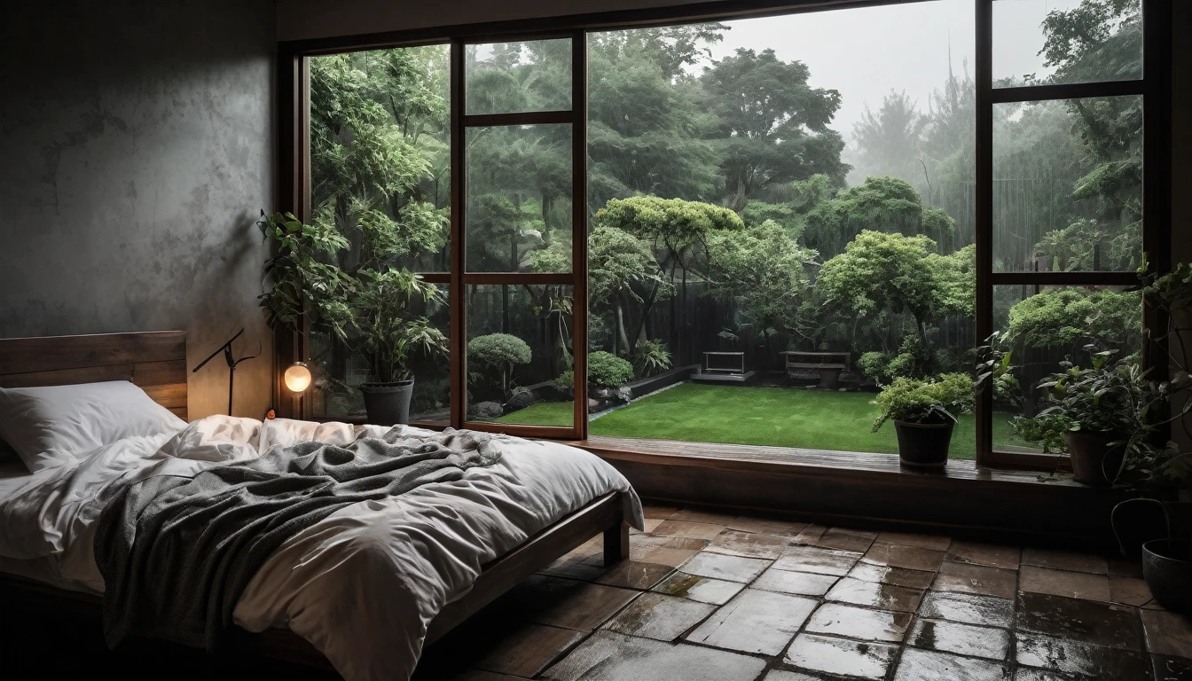 The picture shows a cozy gloomy bedroom, with a large window offering a view of a beautiful, dimly lit garden AND a garden soaked in FLOWERS, the cobblestones of the Japanese house concept. CINEMATIC, JAPANESE HOUSE, the shape of a Japanese house, and lots of flower gardens in the garden. The bed was unmade with rumpled sheets, indicating only a light sleep. the room is dark, gloomy, looks dim, gloomy. Beside the bed there is a small table with a classic lamp that radiates warm light into the room. Outside the window you can see the lush greenery of the terrace or balcony area, the rain is falling, the lamp on the left provides warm lighting, creating a calm and peaceful atmosphere. with fog obscuring part of the view in the distance. The contrast between the warmth indoors and the rain outdoors creates an inviting and calming atmosphere