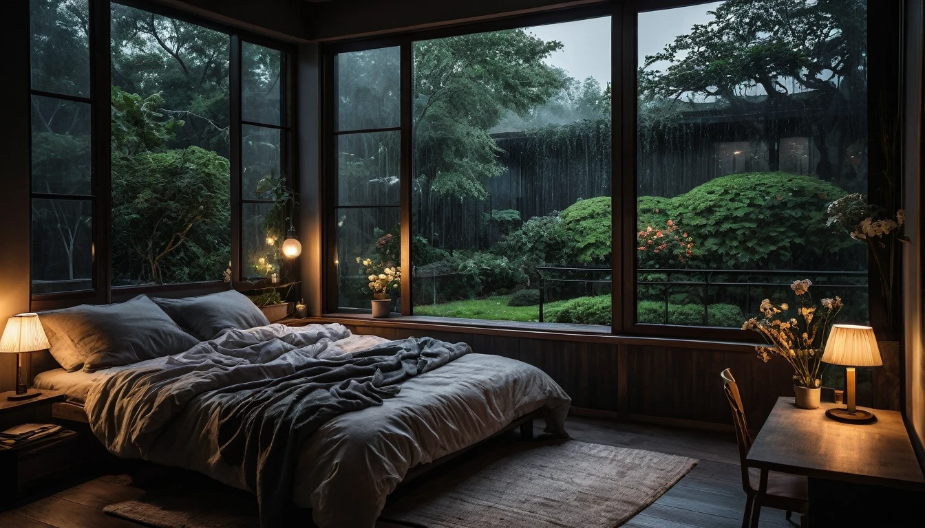 The picture shows a cozy gloomy bedroom, with a large window offering a view of a beautiful, dimly lit garden AND a garden soaked in FLOWERS, the cobblestones of the Japanese house concept. CINEMATIC, JAPANESE HOUSE, the shape of a Japanese house, and lots of flower gardens in the garden. The bed was unmade with led sheets, indicating only a light sleep. the room is dark, gloomy, looks dim, gloomy. Beside the bed there is a small table with a classic lamp that radiates warm light into the room. Outside the window you can see the lush greenery of the terrace or balcony area, the rain is falling, the lamp on the left provides warm lighting, creating a calm and peaceful atmosphere. with fog obscuring part of the view in the distance. The contrast between the warmth indoors and the rain outdoors creates an inviting and calming atmosphere