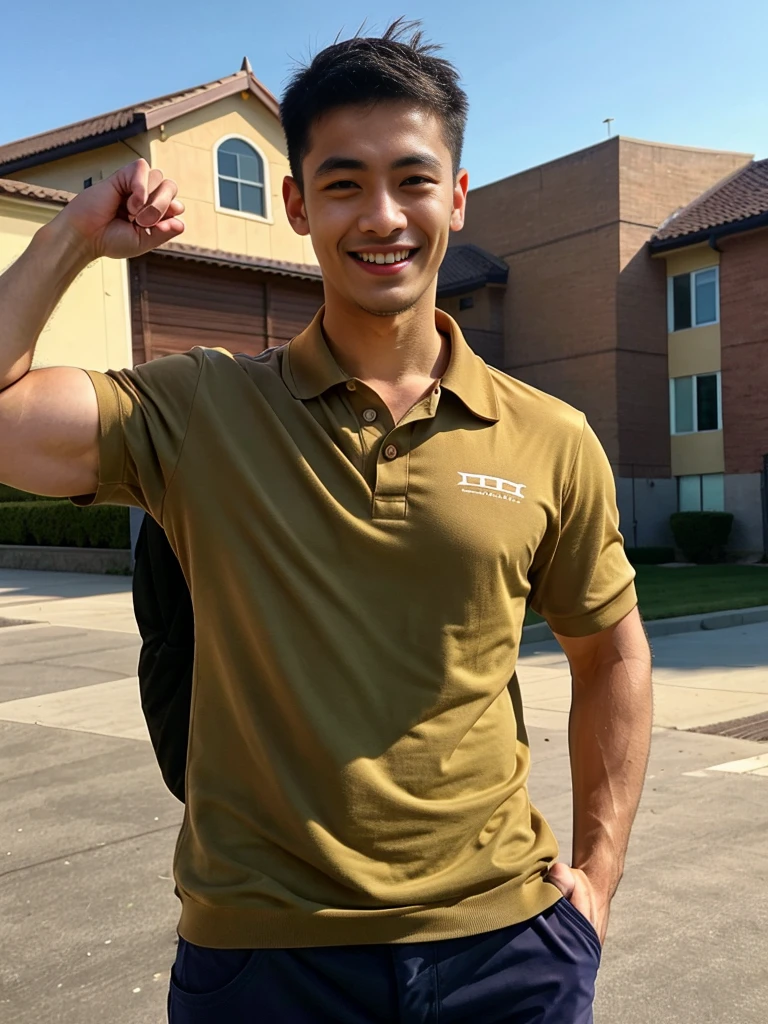 (best quality, 4K, 8k, high resolution, Masterpiece: 1.2), Special details, (realistically, As realistic as a photo, photo realistic: 1.37), Edge lighting, Extra detailed coloring, sharp focus, Physical rendering ,Extremely detailed description,professional,light color,Bokeh,Portrait,look at the viewer, Young Asian man, 20 years old ,(wearing a brown polo shirt), smile ,Wide yard