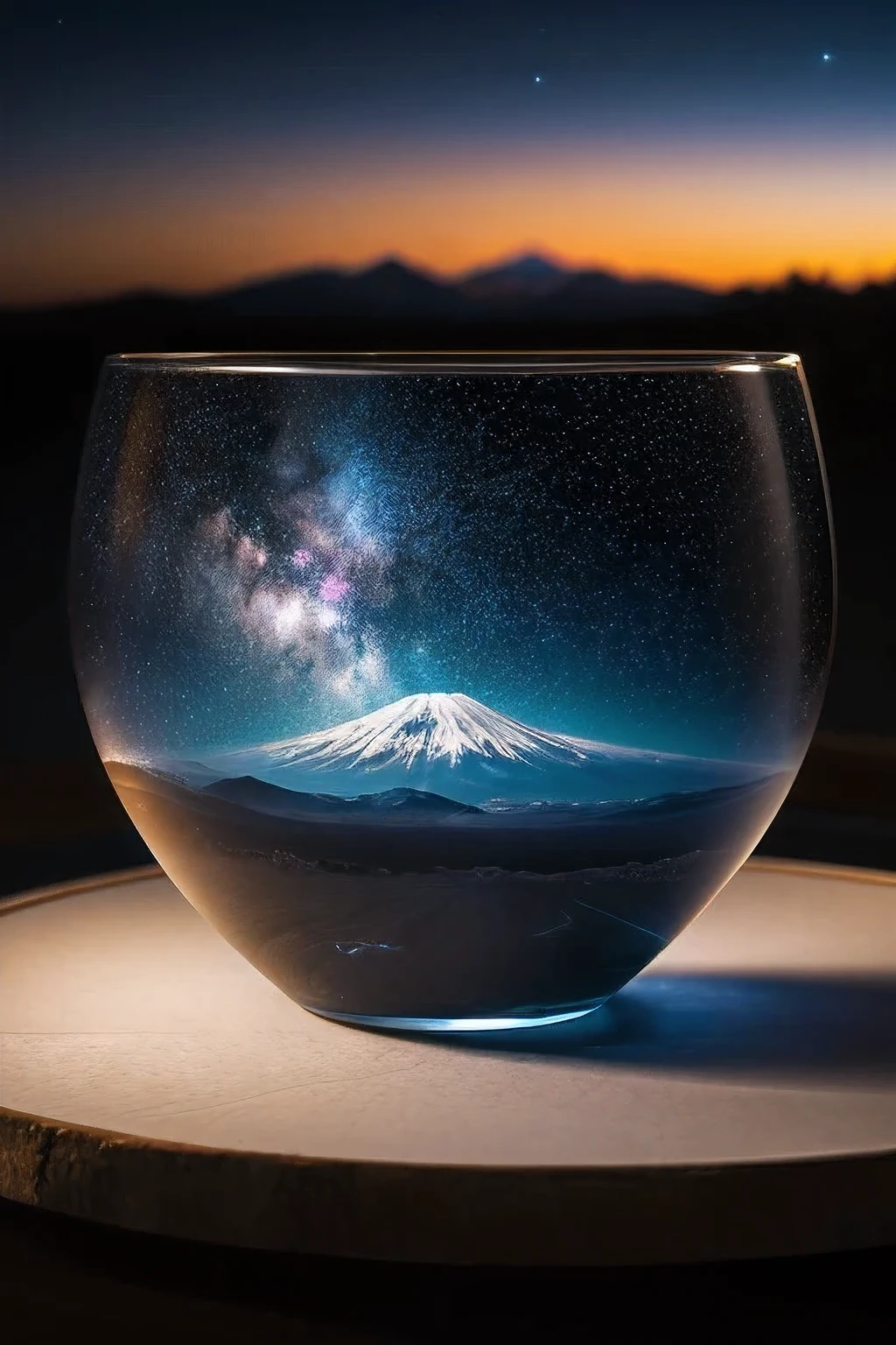 a delicate and beautiful starry sky scene captured in a glass cup, a shooting star falling from the sky into the glass cup, mount fuji in the glass cup, world masterpiece theatre, high resolution equirectangular projection, best quality, 4k, 8k, highres, masterpiece:1.2, ultra-detailed, realistic, photorealistic, photo-realistic:1.37, HDR, UHD, studio lighting, ultra-fine painting, sharp focus, physically-based rendering, extreme detail description, professional, vivid colors, bokeh, landscape, realism, oil, canvas
