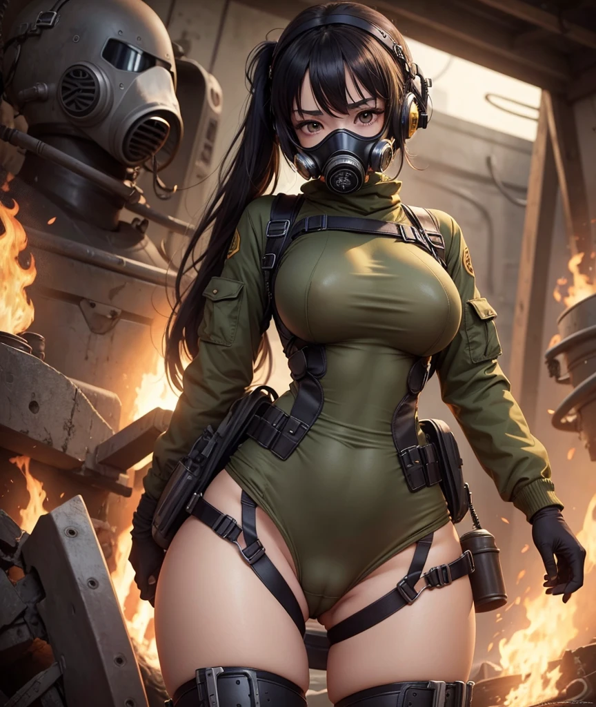Anime girl in gas mask big and exposed breasts, Her genitals are also open 