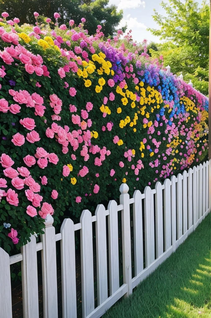a decorative fence covered in brightly colored flowers and sparkles. The flowers could be different shades such as red, rosa, yellow, blue and violet, creating a floral rainbow. Besides, The sparkles could reflect the sunlight and add a magical touch to the scene