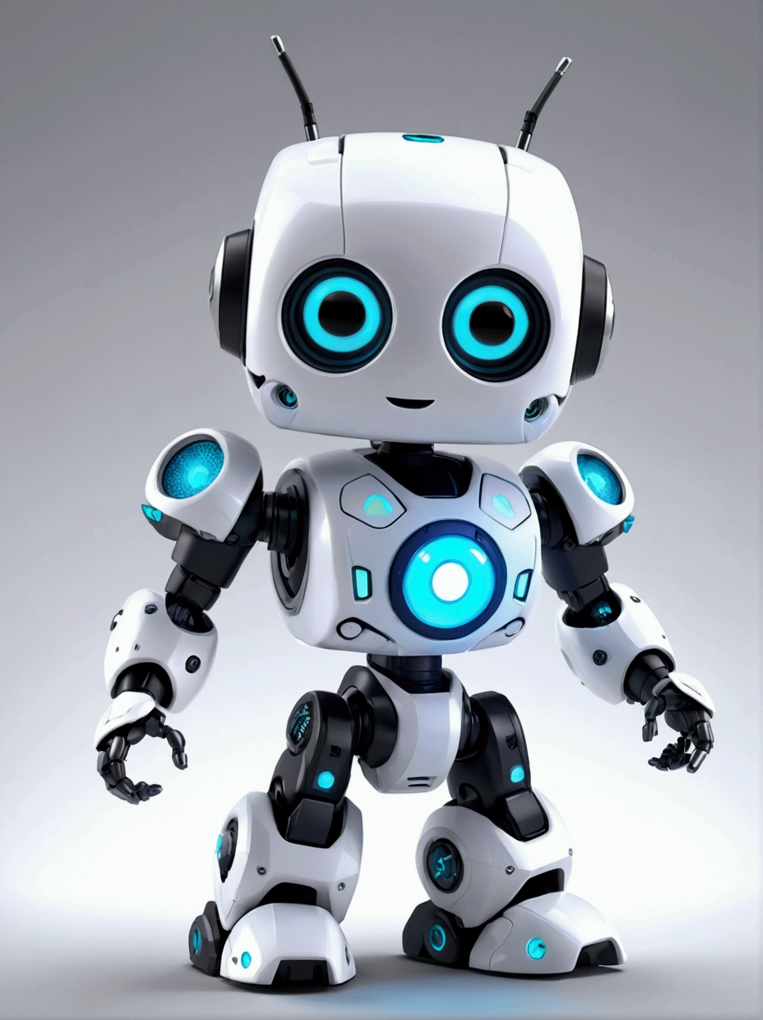 Dice-themed robot, 3D Rendering, Jongsuk Lee, Digital Art, Adorable glowing creatures, Nendoroid-like style, Futuristic Gear Shiny White Armor、A cute girl robot、antenna、Electronic display panel on chest、Holding the microphone close to his mouth while speaking、Smiling Kindly、whole body、Background is white、Are standing
