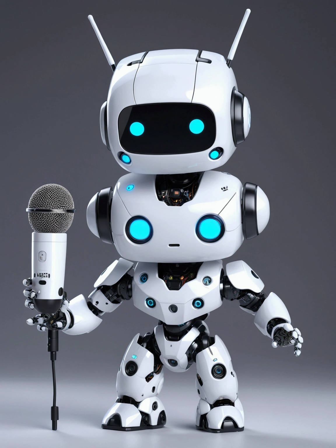 Dice-themed robot, 3D Rendering, Jongsuk Lee, Digital Art, Adorable glowing creatures, Nendoroid-like style, Futuristic Gear Shiny White Armor、A cute girl robot、antenna、Electronic display panel on chest、Holding the microphone close to his mouth while speaking、Smiling Kindly、whole body、Background is white、Are standing