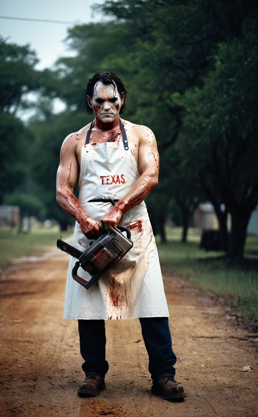 Full Body Shot、Texas Background、Aggressive pose、8k、Dark fantasy、The Texas Chainsaw Massacre、Leatherface、Human skin on face、Strong body、Fat body、apron、blood droplets、Chainsaw、Give the viewer a malicious look, Grabbing Viewer, For the viewer,Shallow depth of field, Vignette, Very detailed, High budget, Bokeh, CinemaScope, Sulky, amazing, nice, Film Grain, granular . Creepy, Anxious, dark, Creepyな, Suspenseful, strict, Very detailed