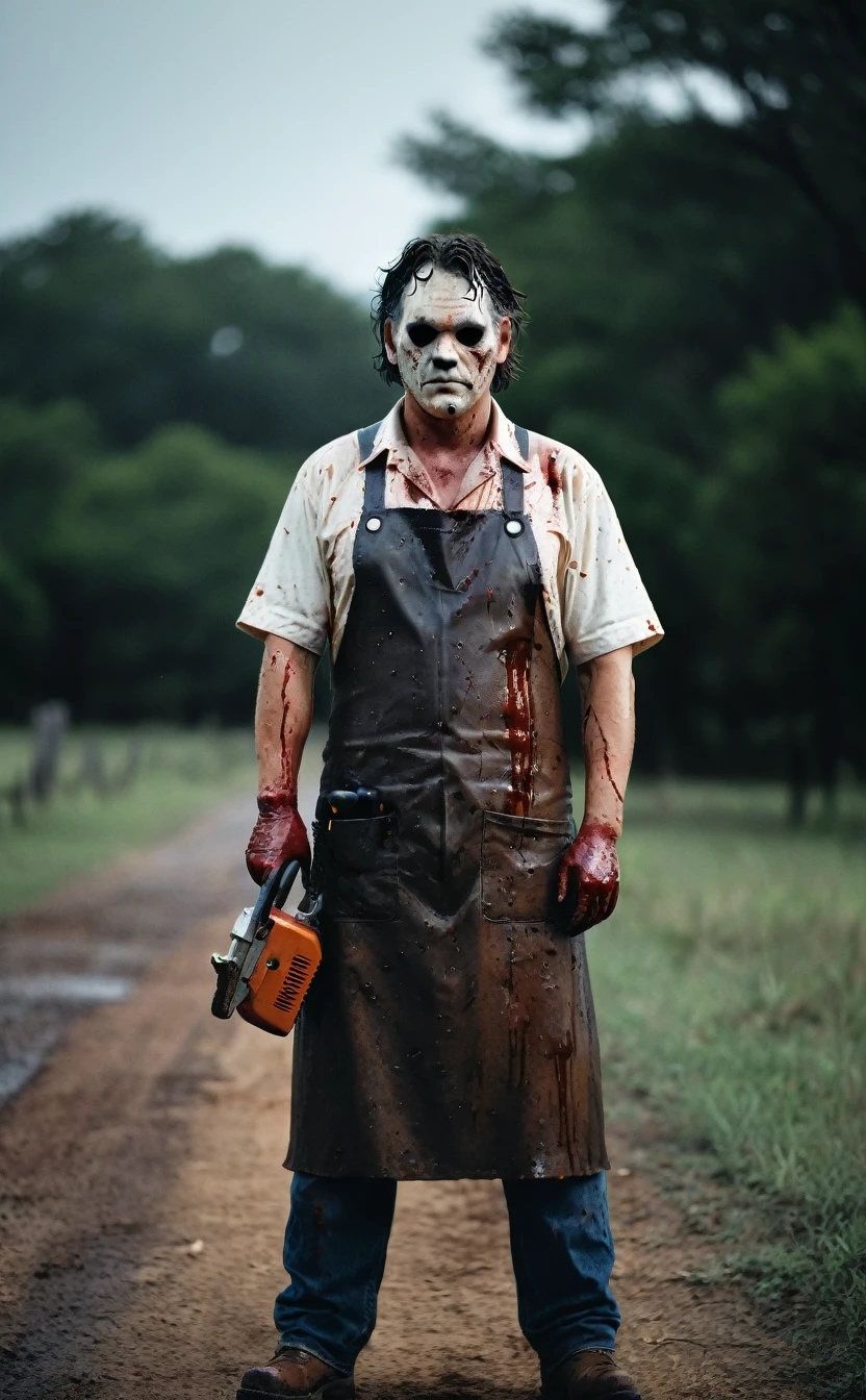 Full Body Shot、Texas Background、Aggressive pose、8k、Dark fantasy、The Texas Chainsaw Massacre、Leatherface、Human skin on face、Strong body、Fat body、apron、blood droplets、Chainsaw、Give the viewer a malicious look, Grabbing Viewer, For the viewer,Shallow depth of field, Vignette, Very detailed, High budget, Bokeh, CinemaScope, Sulky, amazing, nice, Film Grain, granular . Creepy, Anxious, dark, Creepyな, Suspenseful, strict, Very detailed