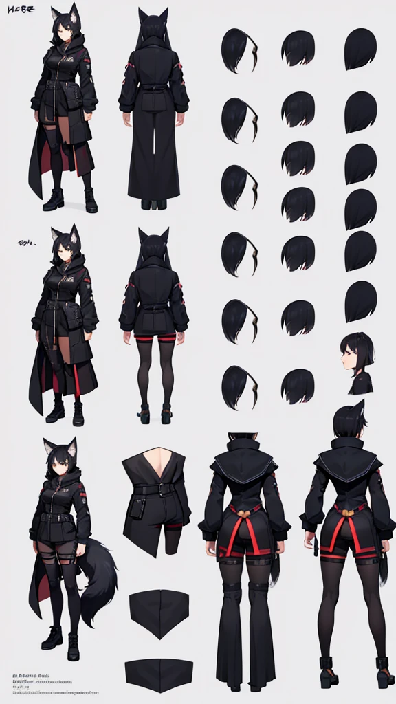 (CHARACTERSHEET:1) (MULTIPLE VIEWS FULL BODY UPPER BODY REFERENCE SHEET:1) Cute Girl, Anime Girl, Black Hair, Wolf ears, Wolf Tail, Tactical outfit (CharacterSheet:1), (multiple views full body upper body reference sheet:1)