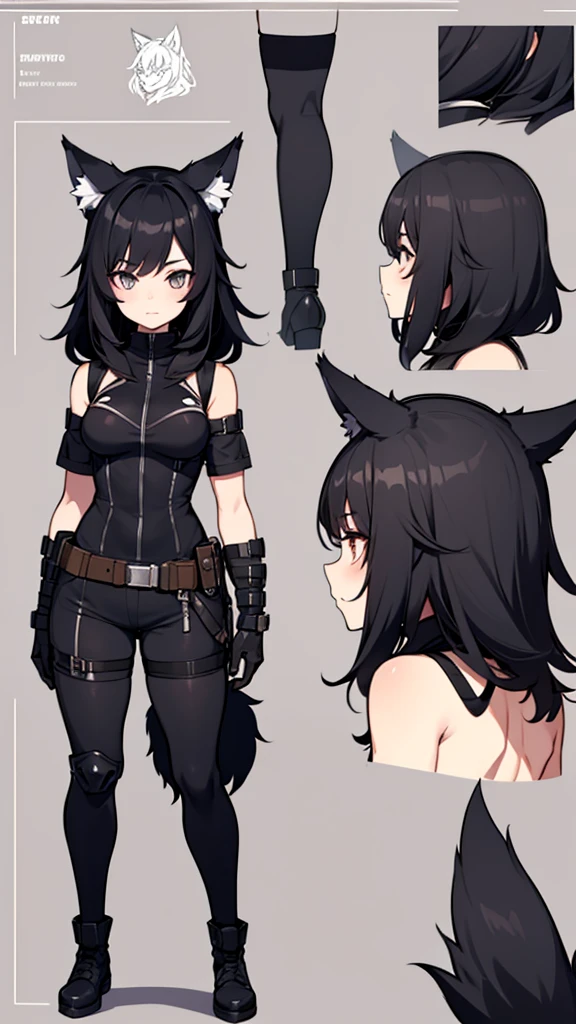 (CHARACTERSHEET:1) (MULTIPLE VIEWS FULL BODY UPPER BODY REFERENCE SHEET:1) Cute Girl, Anime Girl, Black Hair, Wolf ears, Wolf Tail, Tactical outfit (CharacterSheet:1), (multiple views full body upper body reference sheet:1)