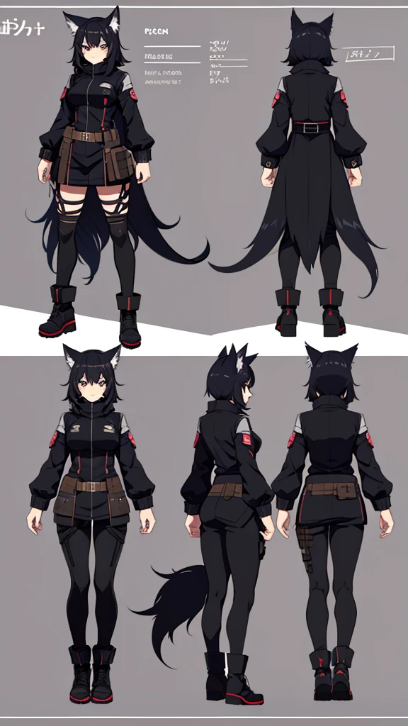 (CHARACTERSHEET:1) (MULTIPLE VIEWS FULL BODY UPPER BODY REFERENCE SHEET:1) Cute Girl, Anime Girl, Black Hair, Wolf ears, Wolf Tail, Tactical outfit (CharacterSheet:1), (multiple views full body upper body reference sheet:1)