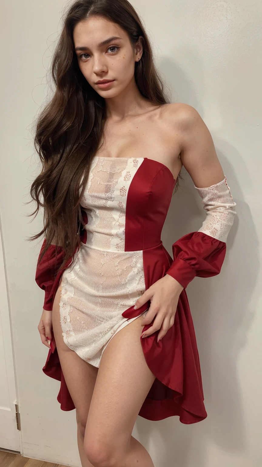 ((full body view)) a beautiful woman, age 18, long brunette stylish hair, red lips, eye mascara, super gorgeous, wears a gorgeous midi dress, puffed sleeve, model, red nails, ultra realistic, puffed sleeve midi dress, skin spots, acnes, skin blemishes, bad anatomy,