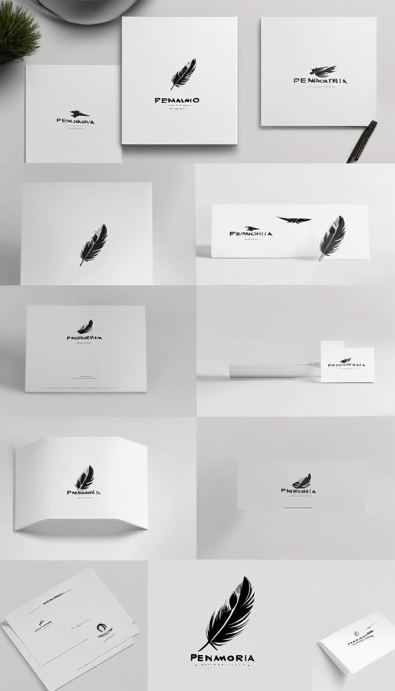 A minimal, modern, simple, cinematic logo design for the brand “Penamemoria". Create a modern, minimalistic, high-quality, logo of a boy-feather