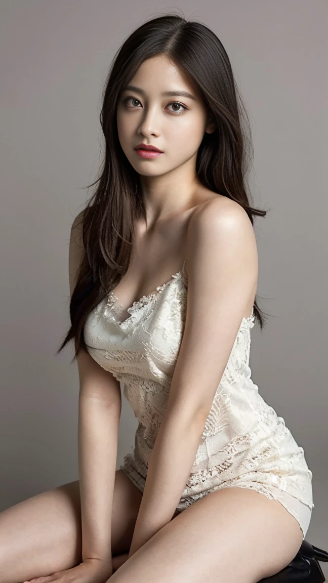 Highest quality,masterpiece,Ultra-high resolution,(Actual:1.4),Original photo,Ultra-high resolution,8k,There are also women,Fair skin、Sheer white lace mini dress,High heels,Long legs:1.5,Bright and beautiful,high waist,Flashy makeup using red eyeshadow,Gray background,