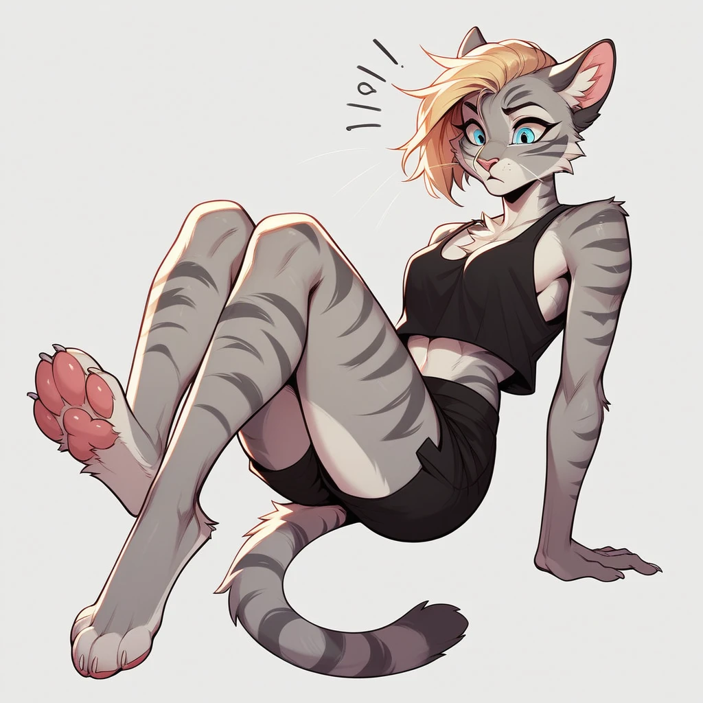 score_9,score_8_up,score_7_up, score_6_up, score_5_up, source_cartoon, flat colors, no shading, Kat, Anthro furry feline, silver fur, grey stripes on body, blue eyes, long blonde hair, undercut hair, pink nose, :3, wearing black tank top, black short shorts, barefoot, four toes, feet paws, exaggerated expression, full body shot, floating in mid air, looking confused, eyes wide open, flustered, :|, simple white background 