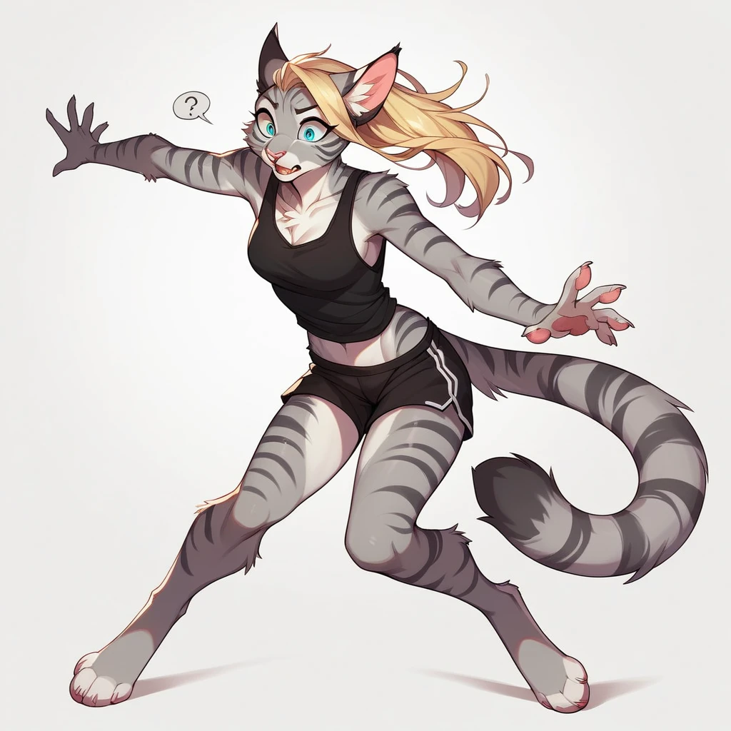 score_9,score_8_up,score_7_up, score_6_up, score_5_up, source_cartoon, flat colors, no shading, Kat, Anthro furry feline, silver fur, grey stripes on body, blue eyes, long blonde hair, undercut hair, pink nose, :3, wearing black tank top, black short shorts, barefoot, four toes, feet paws, exaggerated expression, full body shot, floating in mid air, looking confused, eyes wide open, flustered, :|, simple white background 