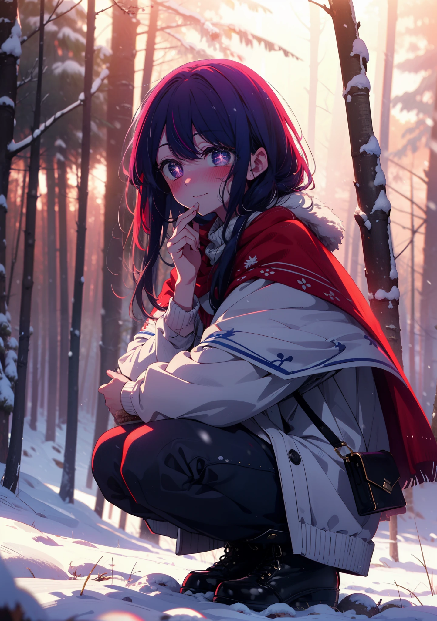 aihoshino, Ai Hoshino, Long Hair, bangs, (Purple eyes:1.1), Purple Hair, (Symbol-shaped pupil:1.5), smile,,smile,blush,white breath,
Open your mouth,snow,Ground bonfire, Outdoor, boots, snowing, From the side, wood, suitcase, Cape, Blurred, , forest, White handbag, nature, Squat, Mouth closed, Cape, winter, Written boundary depth, Black shoes, red Cape break looking at viewer, Upper Body, whole body, break Outdoor, forest, nature, break (masterpiece:1.2), Highest quality, High resolution, unity 8k wallpaper, (shape:0.8), (Beautiful and beautiful eyes:1.6), Highly detailed face, Perfect lighting, Highly detailed CG, (Perfect hands, Perfect Anatomy),