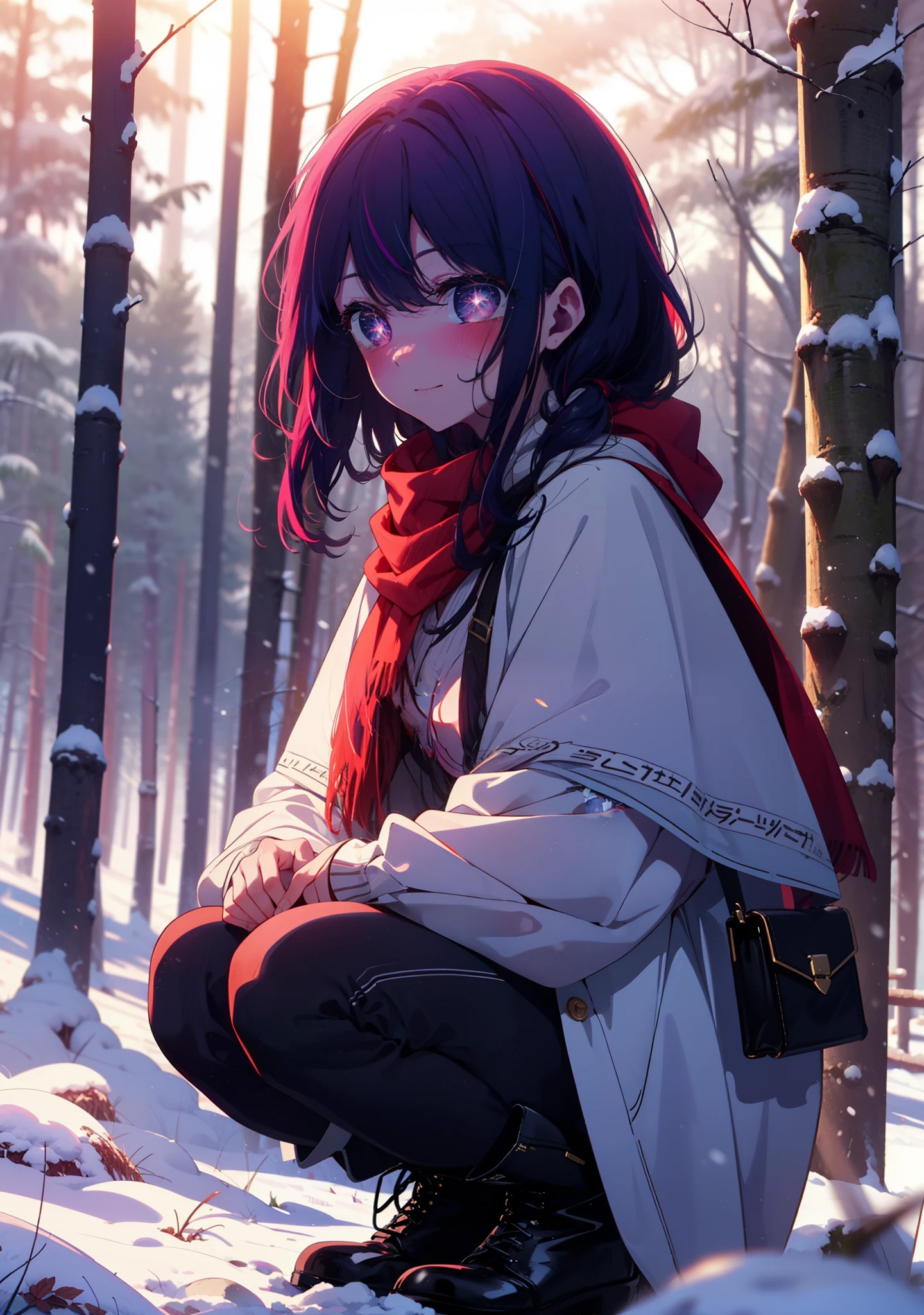 aihoshino, Ai Hoshino, Long Hair, bangs, (Purple eyes:1.1), Purple Hair, (Symbol-shaped pupil:1.5), smile,,smile,blush,white breath,
Open your mouth,snow,Ground bonfire, Outdoor, boots, snowing, From the side, wood, suitcase, Cape, Blurred, , forest, White handbag, nature,  Squat, Mouth closed, Cape, winter, Written boundary depth, Black shoes, red Cape break looking at viewer, Upper Body, whole body, break Outdoor, forest, nature, break (masterpiece:1.2), Highest quality, High resolution, unity 8k wallpaper, (shape:0.8), (Beautiful and beautiful eyes:1.6), Highly detailed face, Perfect lighting, Highly detailed CG, (Perfect hands, Perfect Anatomy),