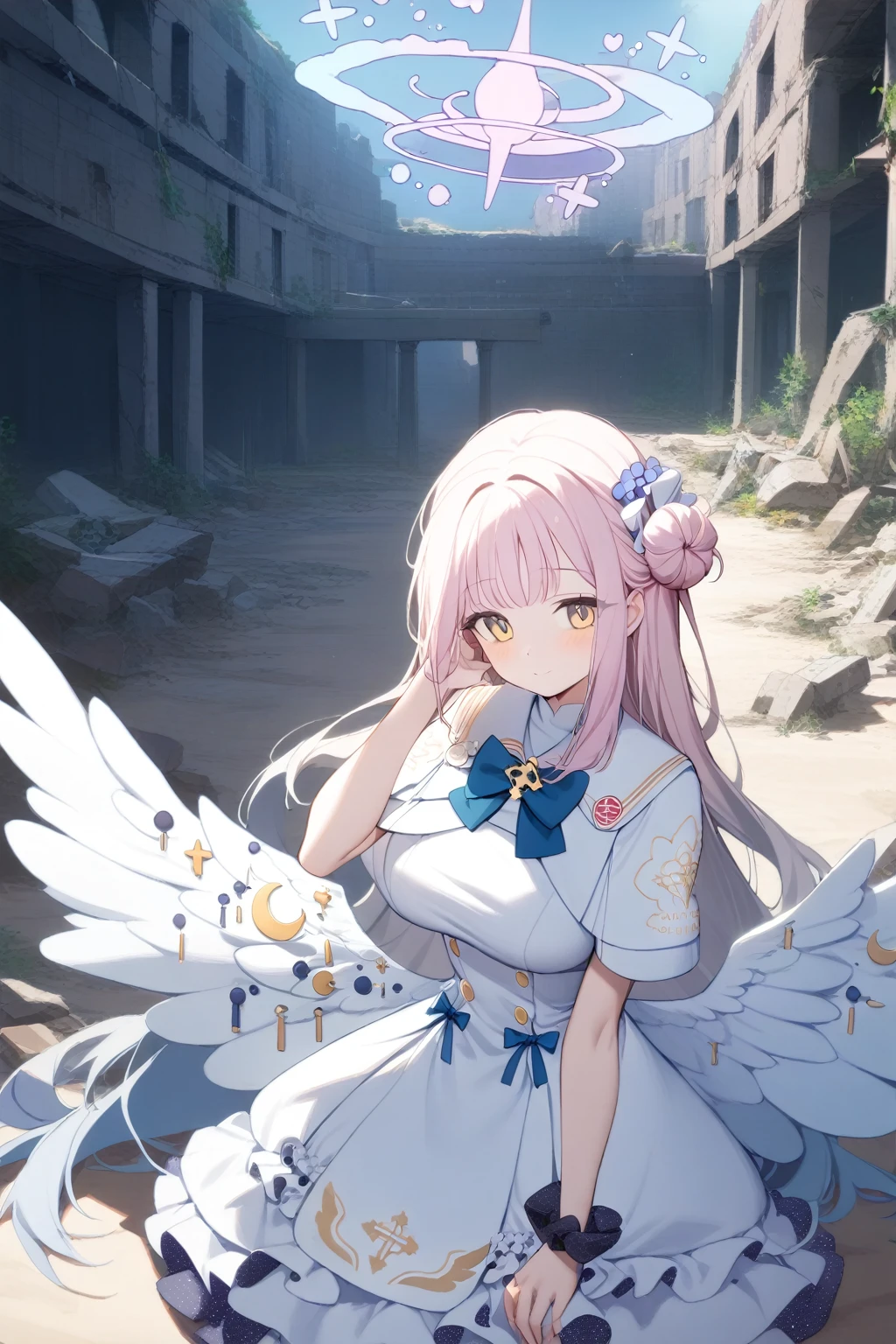 (1girl:1.8), solo, upper body,highres,mika_\(blue_archive\),white_wings,feathered_wings,hair_flower,large_breasts,angel_wings,white_dress,low_wings, civilization, ruins, emerged, wilderness, hidden, secrets, mysterious, abandoned, historic, archaeological, deserted, sands