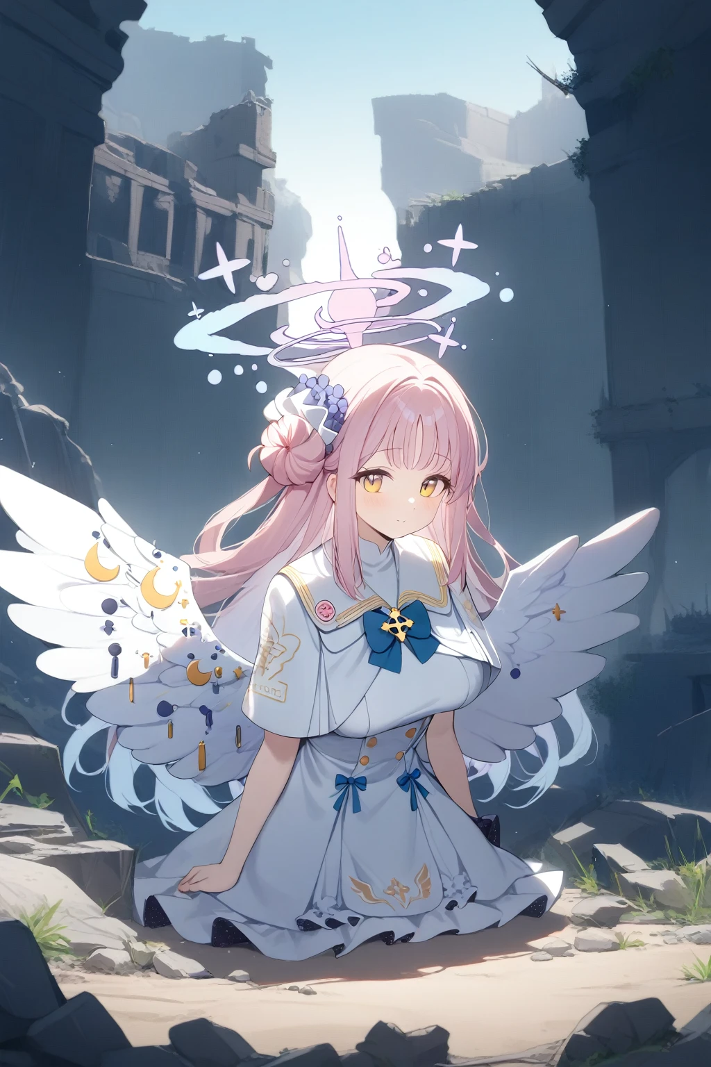 (1girl:1.8), solo, upper body,highres,mika_\(blue_archive\),white_wings,feathered_wings,hair_flower,large_breasts,angel_wings,white_dress,low_wings, civilization, ruins, emerged, wilderness, hidden, secrets, mysterious, abandoned, historic, archaeological, deserted, sands