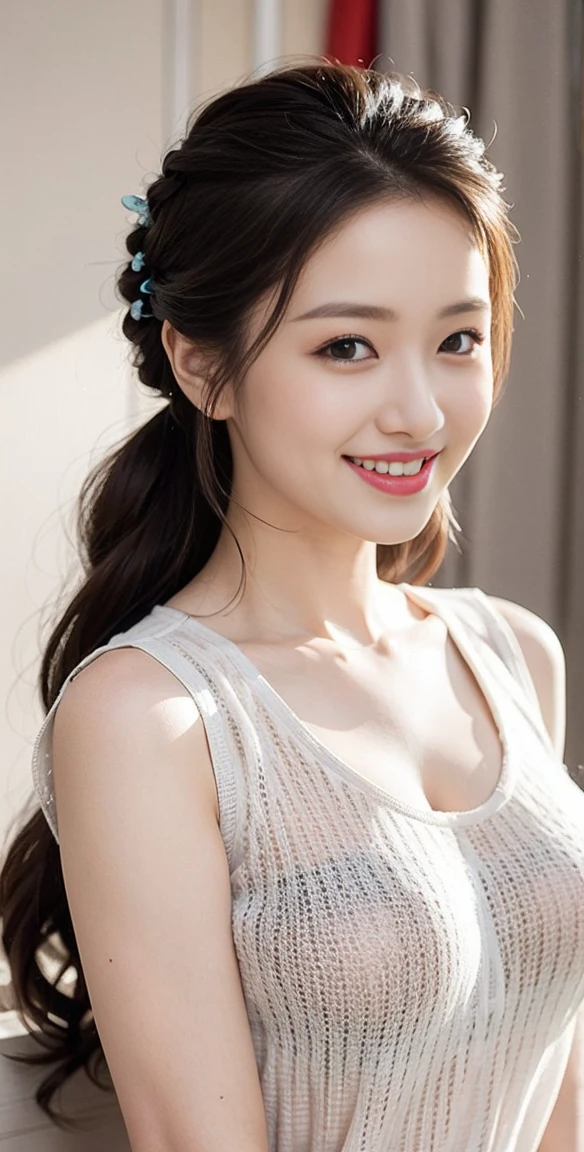 8K picture quality、high resolution、Realistic skin texture、high resolutionの瞳、Miss、日本夏季办公室Miss、Sleeveless knitted shirt、Princess hairstyle、Thin、、Large Breasts、(a charming smile:1.2), Brown hair、Thin脚、Large target、Sweat accumulates on the chest、roof、Comb your hair up