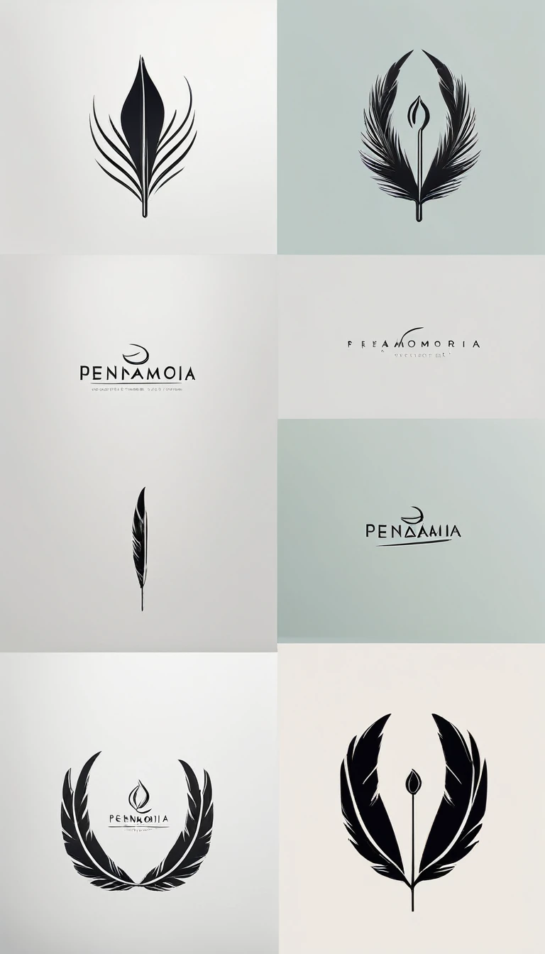 A minimal, modern, simple, cinematic logo design for the brand “Penamemoria". Create a modern, minimalistic, high-quality, masterpiece, fantastic, poetic feather that symbolizes dreams and stories.