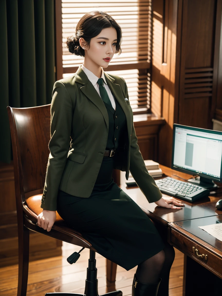 (full body),In the office, a Chinese beauty wearing a uniform, with perfect facial features, hot ass giri, lipstick, red lips, (Retro finger waves),finger waves,Deep olive green tight fitting wool jacket, a brown-green shirt,wearing (Black uniform tie),Deep Olive Green Wool Pencil Skirt, (Black high heeled knee high boots), full body, Wearing headphones on the head,Sitting in front of a computer and working, sitting in an office chair ,(Her boyfriend is standing across from her,) a girl, a boy, full body , office, night, bright lighting, Best quality, masterpiece, ultra highs, (photosensitive: 1.4), 8k portal of beautiful, integrated, elegantly, highly detailed, Majestic, art by artwork and run jia and greg rutkowski, (masterpiece, sidelighting, finely detailed beautiful eyes: 1.2), HDR, Detailed background,dressed in 1940s style clothing,