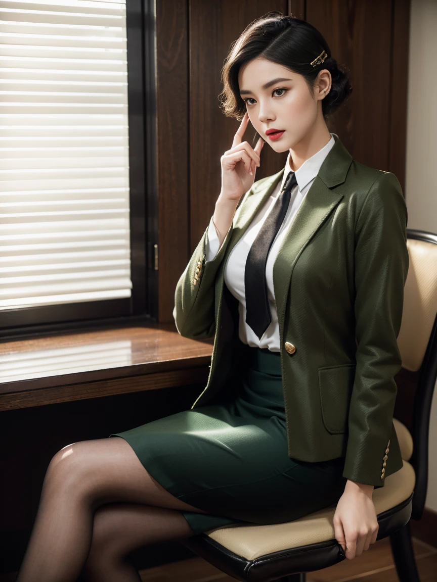 (full body),In the office, a Chinese beauty wearing a uniform, with perfect facial features, hot ass giri, lipstick, red lips, (Retro finger waves),finger waves,Deep olive green tight fitting wool jacket, a brown-green shirt,wearing (Black uniform tie),Deep Olive Green Wool Pencil Skirt, (Black high heeled knee high boots), full body, Wearing headphones on the head,Sitting in front of a computer and working, sitting in an office chair ,(Her boyfriend is standing across from her,) a girl, a boy, full body , office, night, bright lighting, Best quality, masterpiece, ultra highs, (photosensitive: 1.4), 8k portal of beautiful, integrated, elegantly, highly detailed, Majestic, art by artwork and run jia and greg rutkowski, (masterpiece, sidelighting, finely detailed beautiful eyes: 1.2), HDR, Detailed background,dressed in 1940s style clothing,