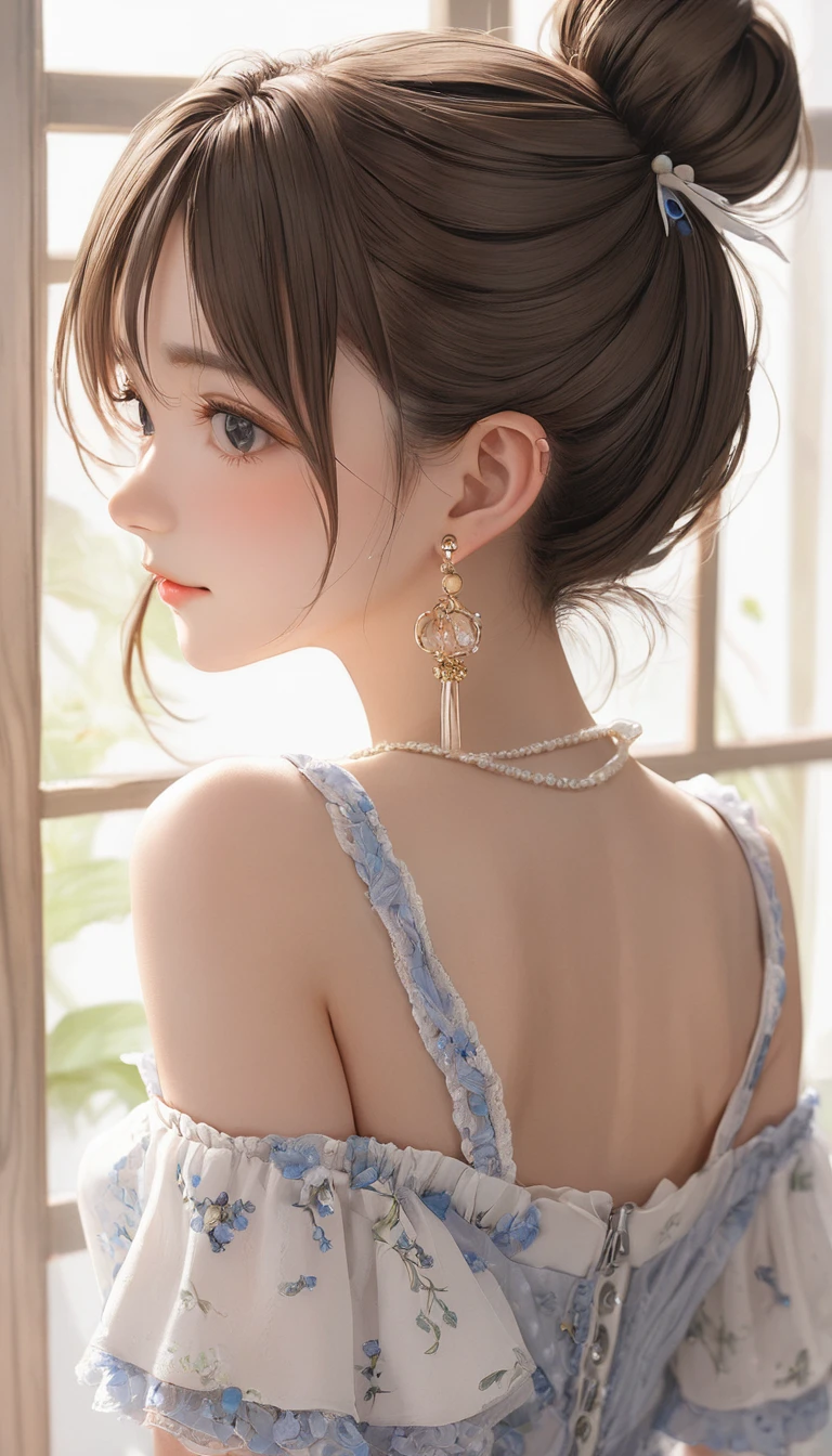 (masterpiece, Highest quality:1.2), One girl, alone,bony body、15 years old、half-up bun、Earrings