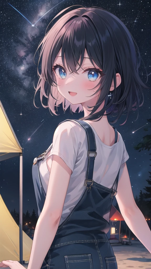 (8k, best quality, master piece: 1.2),super high resolution,1 girl, 独奏, colorshift eyes, hyperdetailed, expressive eyes, ultra-detailed face, ass pov, Overalls、Random hairstyle、Random hair color、Midnight、camp site、starry skies, Collarbone, Ecstatic expression, wariza, cowboy shot, Astronomical observation、Starry Sky