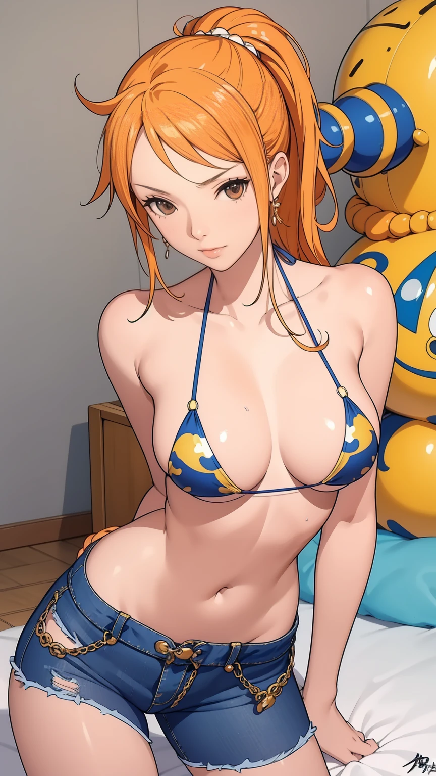 (masterpiece, Highest quality),Browsing Caution,Cartoon photo of a woman in a bikini top and jeans, Anime drawings inspired by Masamune Shirow, Pixiv, Self-sastructing art, Enchanting anime girl, Nami One Piece, Biomechanical , Nami from One Piece:1.7, Pixiv 3dcg, , I also make fan art, top rated on Pixiv,erotic ultra small micro bikini:1.9,puffy nipple:1.9,