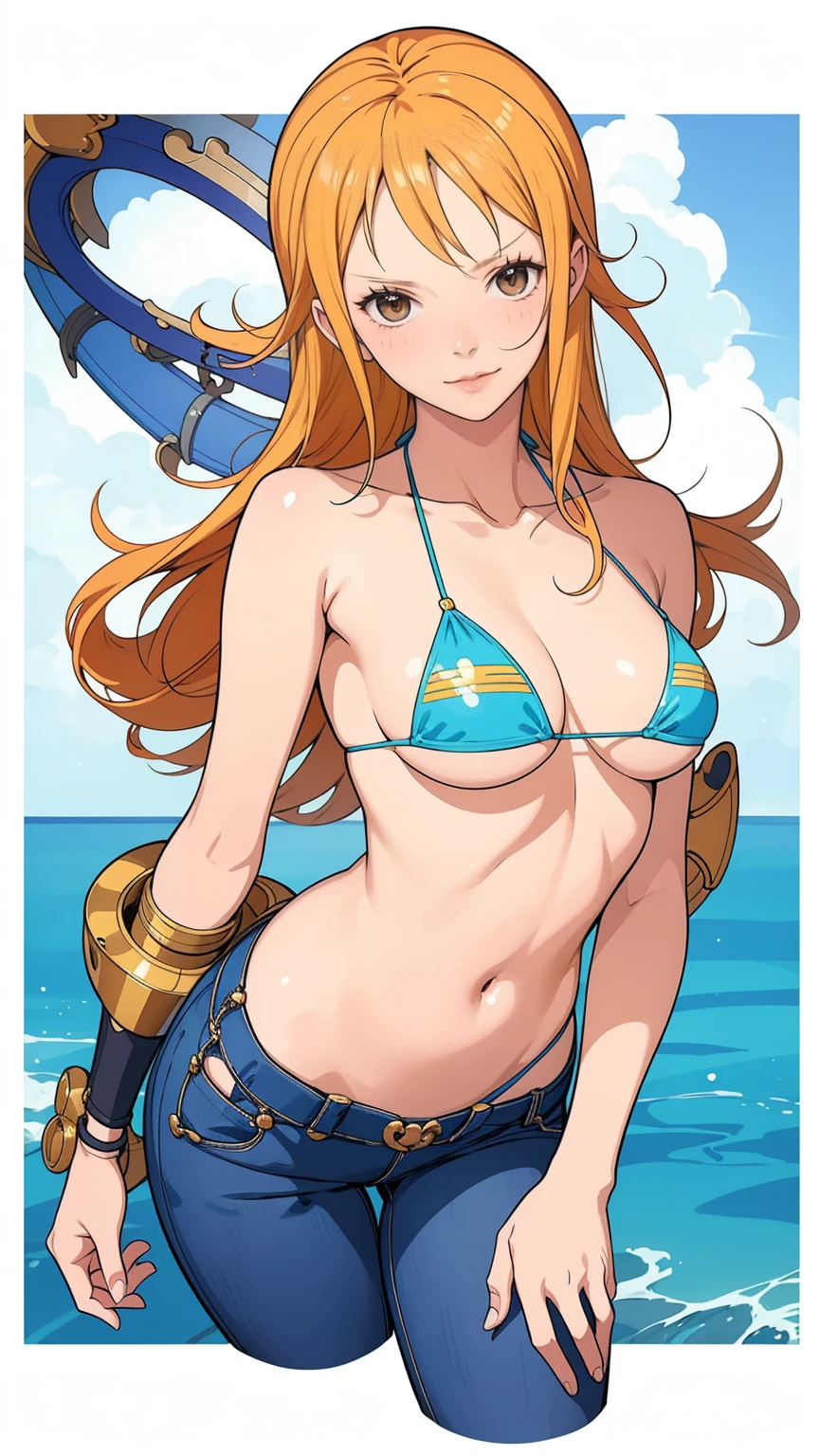 (masterpiece, Highest quality),Browsing Caution,Cartoon photo of a woman in a bikini top and jeans, Anime drawings inspired by Masamune Shirow, Pixiv, Self-sastructing art, Enchanting anime girl, Nami One Piece, Biomechanical , Nami from One Piece:1.7, Pixiv 3dcg, , I also make fan art, top rated on Pixiv,erotic ultra small micro bikini:1.9,puffy nipple:1.9,