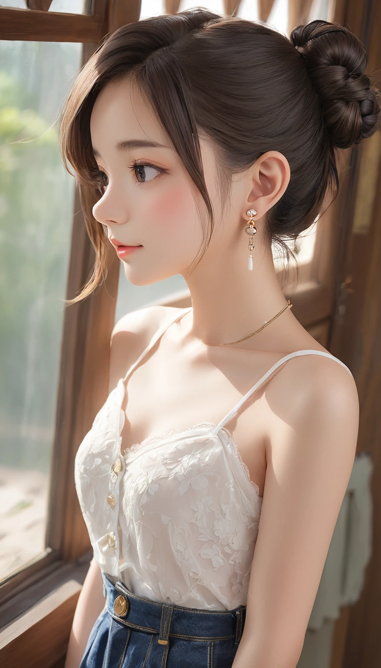 (masterpiece, Highest quality:1.2), One girl, alone,bony body、、half-up bun、Earrings