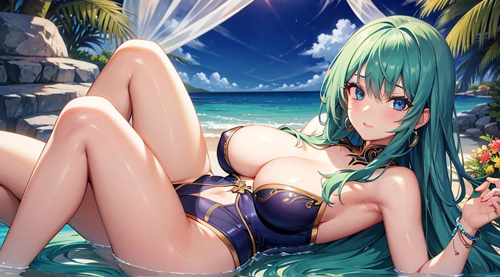 Highest quality, masterpiece, figure, wallpaper,One girl, Beautiful detailed girl, Highly detailed eyes and face, Beautiful attention to detail, Shine,Browsing Caution, View your viewers, Blue Eyes, Bob,Beautiful green hair, Thighs, Large Breasts, ,beautiful finger, clear background, deep night、Big earrings、bracelet、Gal、summer、Ocean、sunlight、Are standing, Swimwear, nude