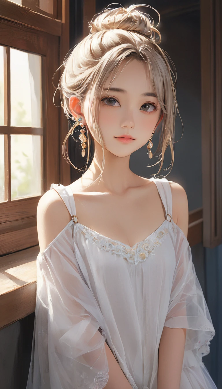 (masterpiece, Highest quality:1.2), One girl, alone,bony body、15 years old、half-up bun、Earrings