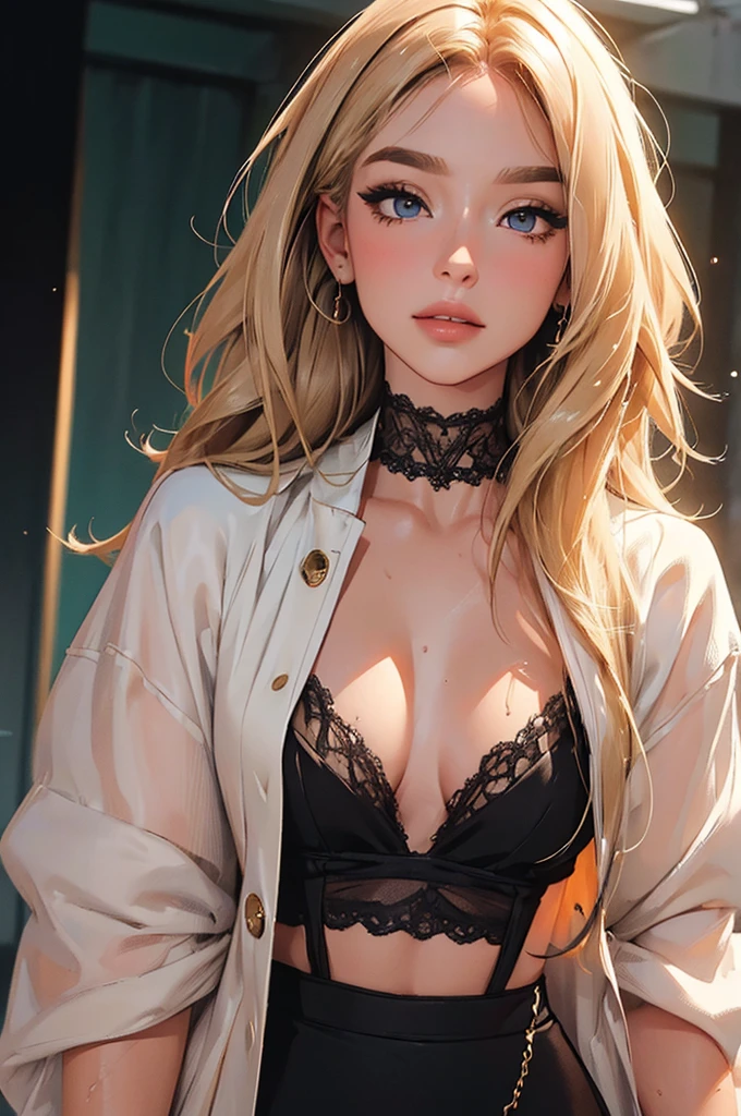 ((((masterpiece, best quality, high resolution)))), Extremely detailed 8K, Beautiful girl with slender body, (Ultra HD, Ultra-detailed, Highly detailed, Highly realistic, Ultra-realistic, photograph realistic), (1girl:1.5), (Realistic blonde hair with dark roots), wavy hair, boho bob cut,(dark makeup, pink eyeshadow), facing at camera, light smile, (white and gold outfit, see through clothes, wet skin). (space cruise)