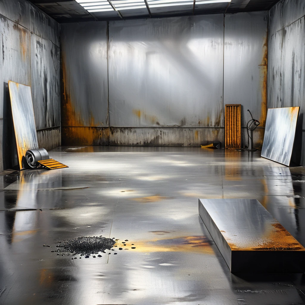 detailed gray studio backdrop, mercury spilled on floor, metal, steel, dramatic lighting, high contrast, photorealistic, futurist, 8k, ultra-detailed, (best quality:1.2), (realistic:1.37)