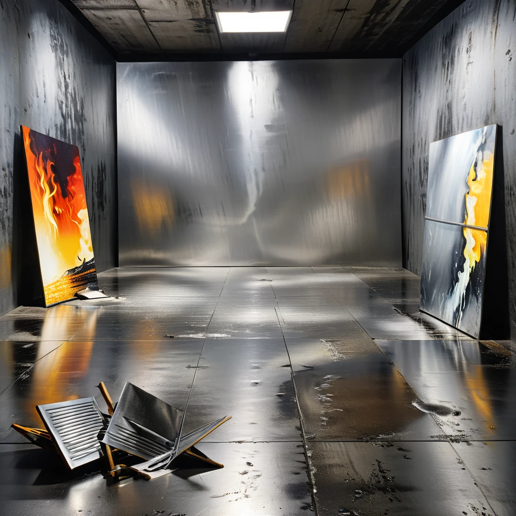 detailed gray studio backdrop, mercury spilled on floor, metal, steel, dramatic lighting, high contrast, photorealistic, futurist, 8k, ultra-detailed, (best quality:1.2), (realistic:1.37)
