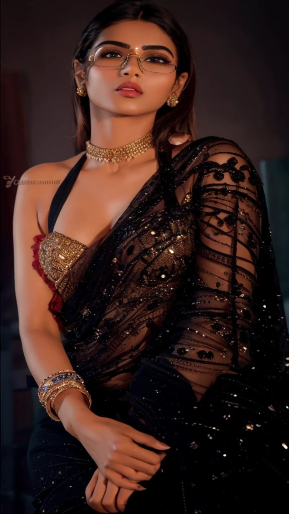Hot cute Indian girl wearing black slim fit dress, sitting on a bar stool,big and open chest, wearing round glasses,hot Deep clevage,long sexy legs,heels,pink lips, perfect detailed beautiful face, perfect detailed beautiful eyes, perfect detailed mouth and lips, perfect detailed body structure and curves, realistic, cinematic, hyperreal, bold colours, masterpiece