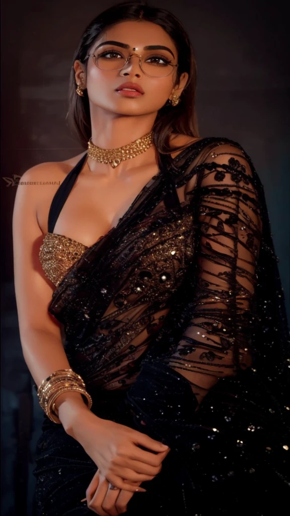 Hot cute Indian girl wearing black slim fit dress, sitting on a bar stool,big and open chest, wearing round glasses,hot Deep clevage,long sexy legs,heels,pink lips, perfect detailed beautiful face, perfect detailed beautiful eyes, perfect detailed mouth and lips, perfect detailed body structure and curves, realistic, cinematic, hyperreal, bold colours, masterpiece