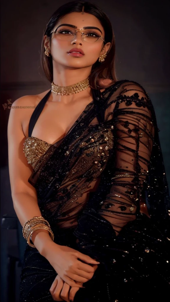 Hot cute Indian girl wearing black slim fit dress, sitting on a bar stool,big and open chest, wearing round glasses,hot Deep clevage,long sexy legs,heels,pink lips, perfect detailed beautiful face, perfect detailed beautiful eyes, perfect detailed mouth and lips, perfect detailed body structure and curves, realistic, cinematic, hyperreal, bold colours, masterpiece
