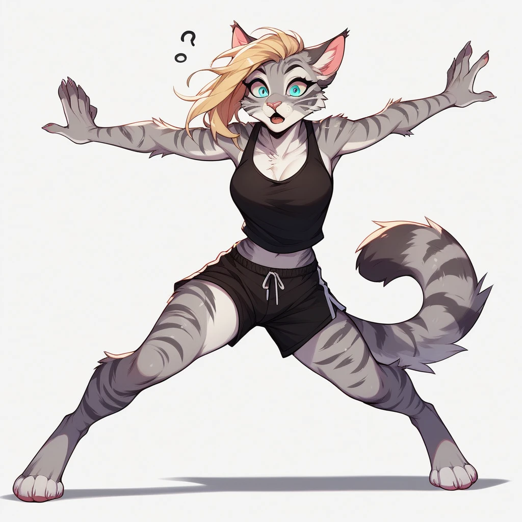 score_9,score_8_up,score_7_up, score_6_up, score_5_up, source_cartoon, flat colors, no shading, Kat, female Anthro furry feline, silver fur, grey stripes on body, blue eyes, long blonde hair, undercut hair, pink nose, :3, wearing black tank top, black short shorts, barefoot, four toes, feet paws, exaggerated expression, full body shot, floating in mid air, looking confused, eyes wide open, funny expression, simple white background