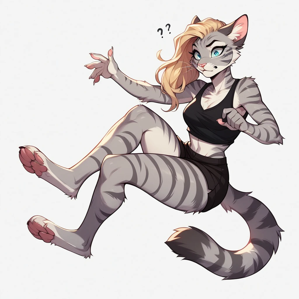 score_9,score_8_up,score_7_up, score_6_up, score_5_up, source_cartoon, flat colors, no shading, Kat, female Anthro furry feline, silver fur, grey stripes on body, blue eyes, long blonde hair, undercut hair, pink nose, :3, wearing black tank top, black short shorts, barefoot, four toes, feet paws, exaggerated expression, full body shot, floating in mid air, looking confused, eyes wide open, funny expression, simple white background