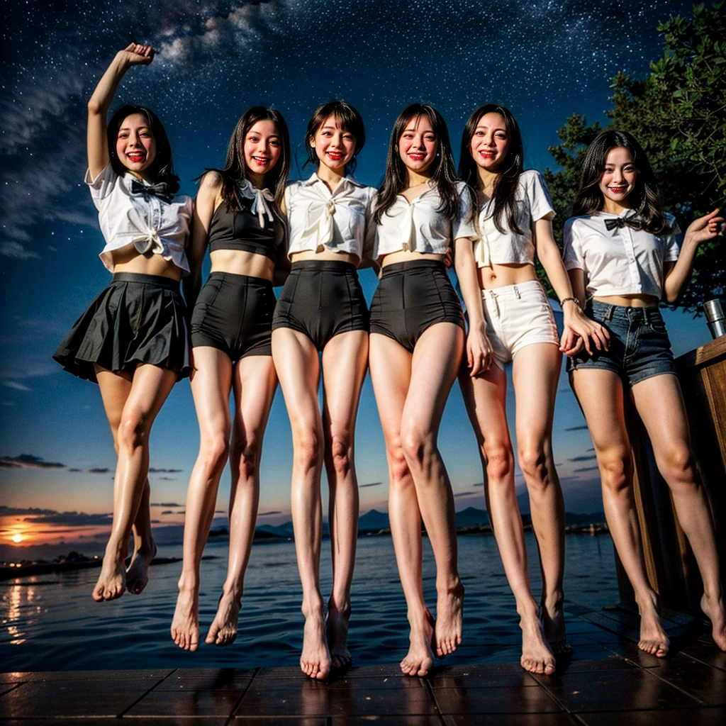 Masterpiece of ProfessionalPhoto ((ExtremelyDetailed (12 PICHIPICHI KAWAII Girls Floating in The Air in a row:1.37) in WHITE at Dusk Enoshima Beach)), {(Standing Full Body:1.2)|(from below:1.2)|Detailed KAWAII face}, Different types of hair colors, {(skinny(school swimwear))|(SchoolUniform)with Skinny AthleticShorts}, {(Corrected Childish hand)|Hidden hand|Different types of breasts|(Clearly Visible the shape of Butt)}, Joyful Expressions LifeLike Rendering, Detailed clothing texture, PerfectLighting, (Dazzling Horizon Visible through ThighGap), (Starry IridescentParticles:1.22) ColorfulClouds