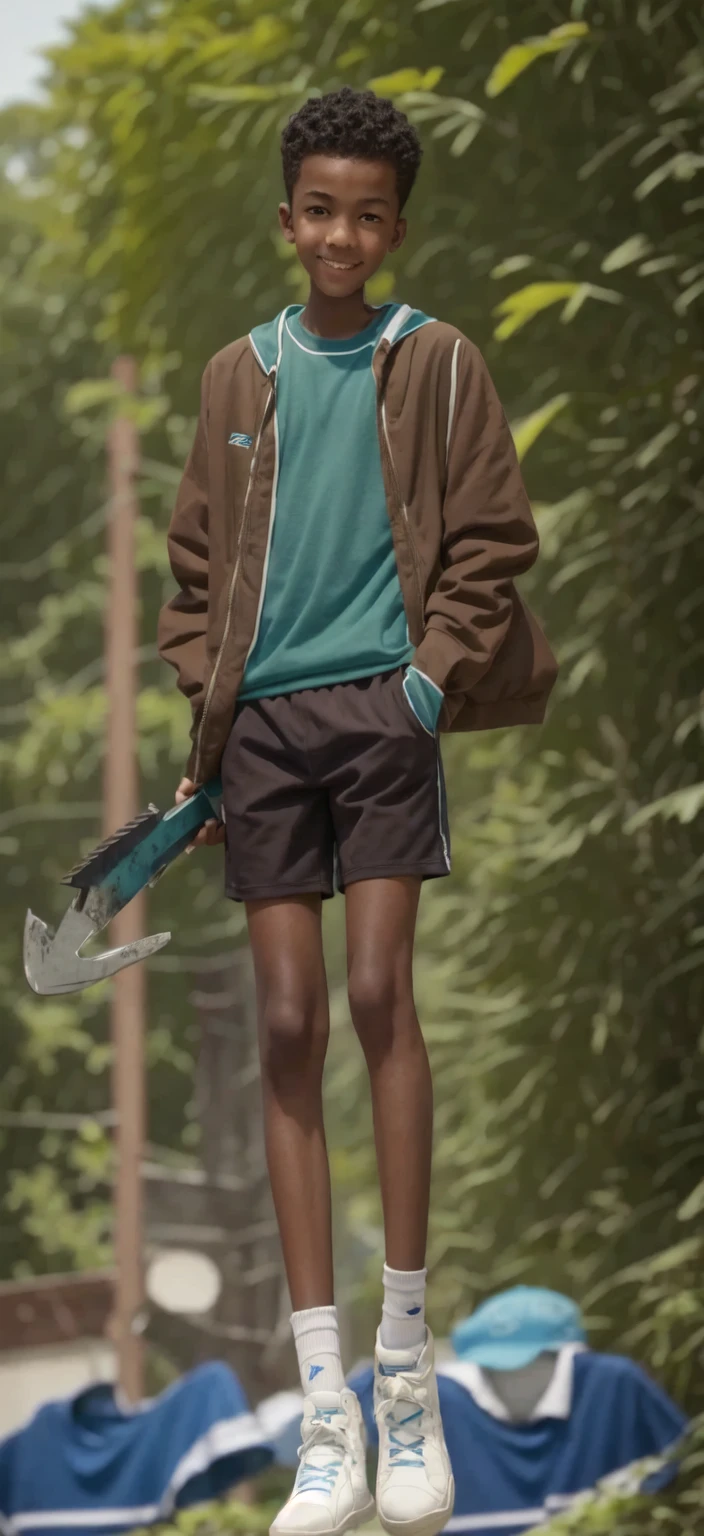 14 year old boy,Light brown skin,Blue sports shorts,Bright green top,High-top board shoes,Big round eyes,Very short hair,Tall and skinny,full-body shot,A junior high school student holding an axe,Smile,Bloodthirsty murder