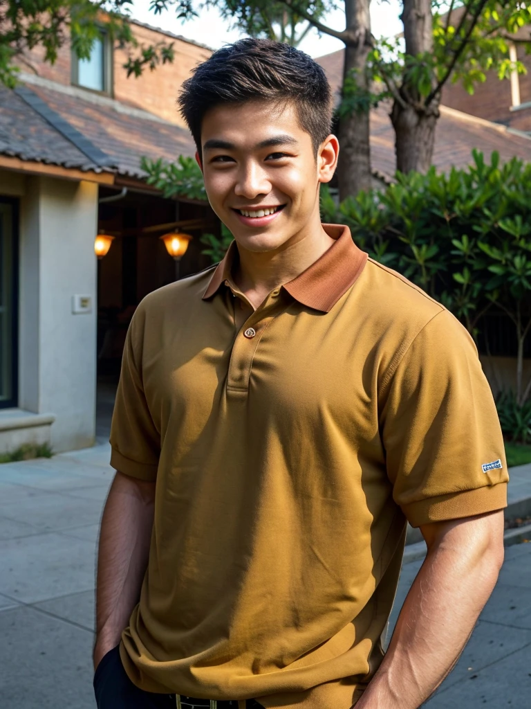 (best quality, 4K, 8k, high resolution, Masterpiece: 1.2), Special details, (realistically, As realistic as a photo, photo realistic: 1.37), Edge lighting, Extra detailed coloring, sharp focus, Physical rendering ,Extremely detailed description,professional,light color,Bokeh,Portrait,look at the viewer, Young Asian man, 20 years old ,(wearing a brown polo shirt), smile ,Wide yard