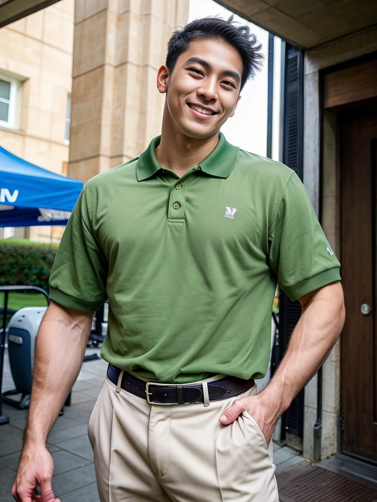 (best quality, 4K, 8k, high resolution, Masterpiece: 1.2), Special details, (realistically, As realistic as a photo, photo realistic: 1.37), Edge lighting, Extra detailed coloring, sharp focus, Physical rendering ,Extremely detailed description,professional,light color,Bokeh,Portrait,look at the viewer, Young Asian man, 20 years old ,(wearing a brown polo shirt), smile ,Wide yard
