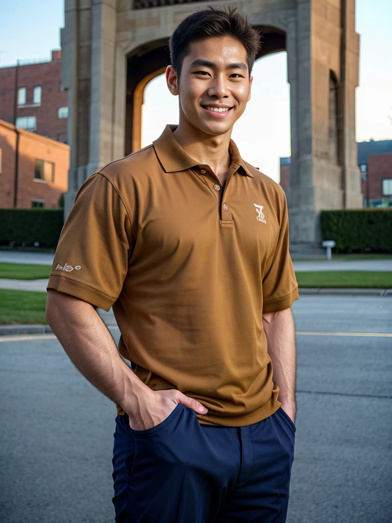 (best quality, 4K, 8k, high resolution, Masterpiece: 1.2), Special details, (realistically, As realistic as a photo, photo realistic: 1.37), Edge lighting, Extra detailed coloring, sharp focus, Physical rendering ,Extremely detailed description,professional,light color,Bokeh,Portrait,look at the viewer, Young Asian man, 20 years old ,(wearing a brown polo shirt), smile ,Wide yard