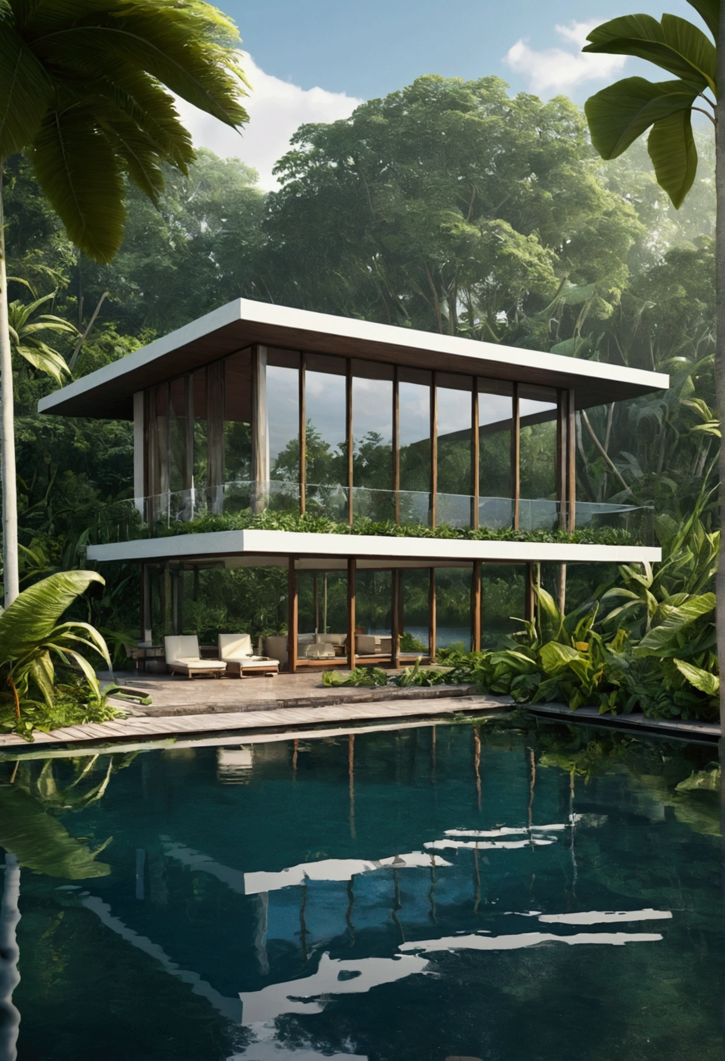 modern villa- nature- afternoon- lake- magical- ultrarealistic-raining-tropical nature