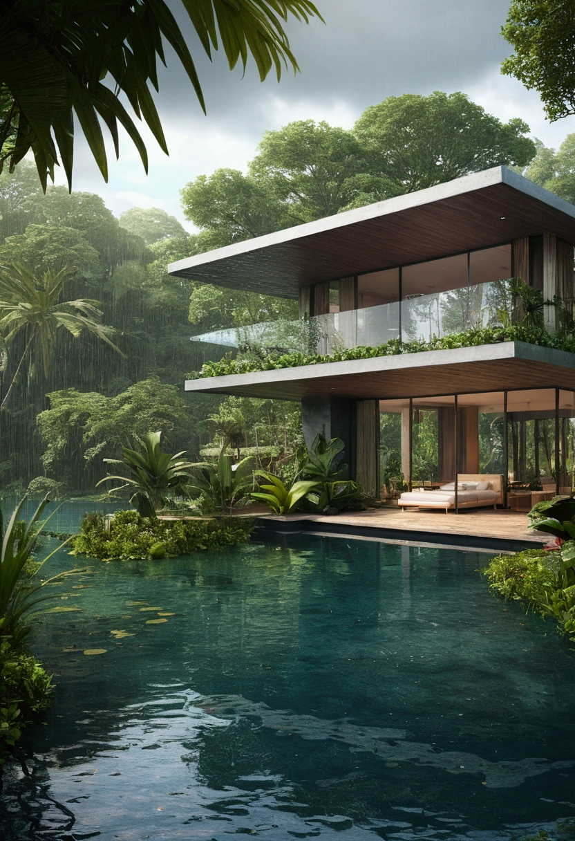modern villa- nature- afternoon- lake- magical- ultrarealistic-raining-tropical nature